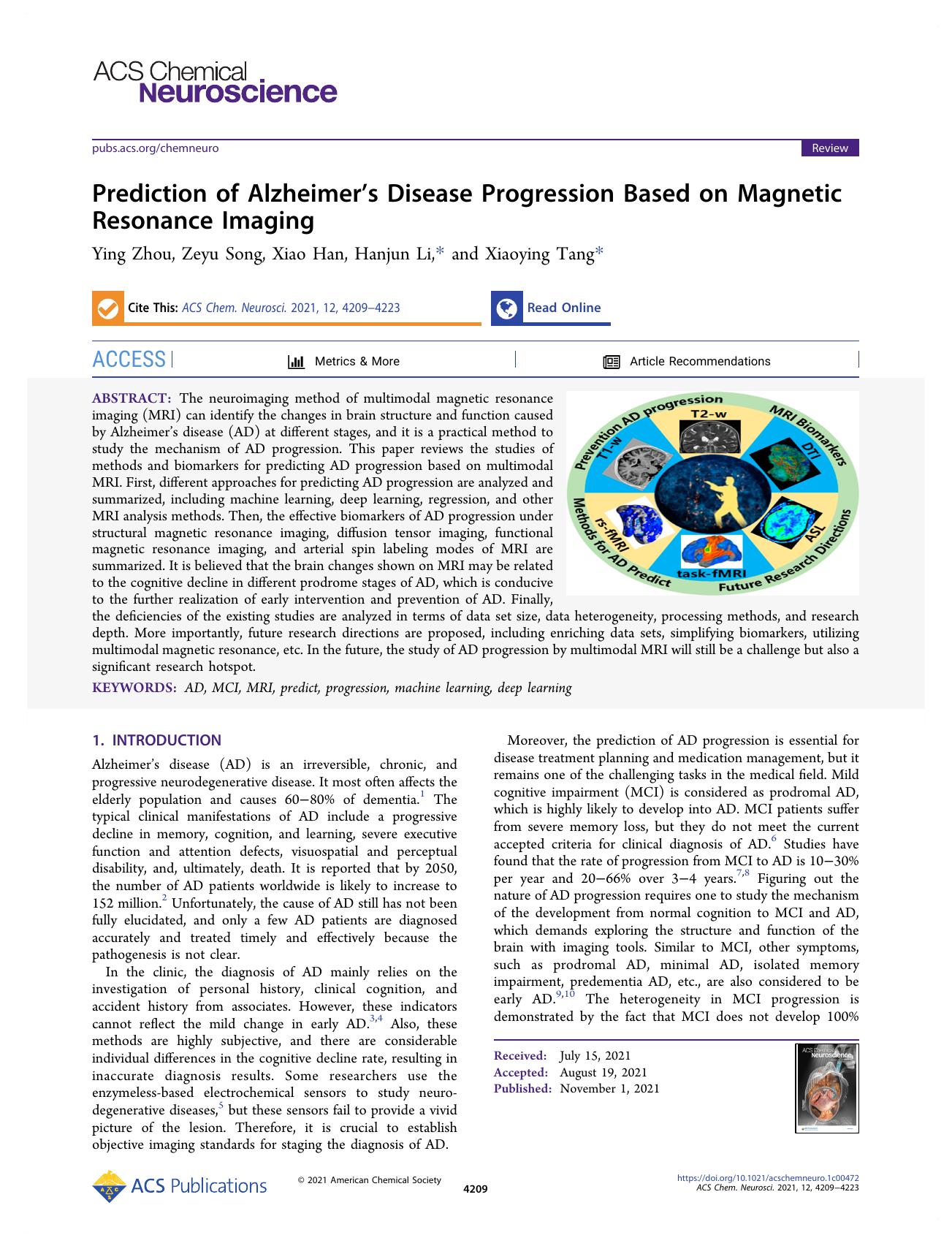 Prediction of Alzheimerâs Disease Progression Based on Magnetic Resonance Imaging by Ying Zhou Zeyu Song Xiao Han Hanjun Li and Xiaoying Tang