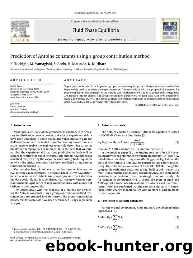 Prediction of Antoine constants using a group contribution method by K. Tochigi
