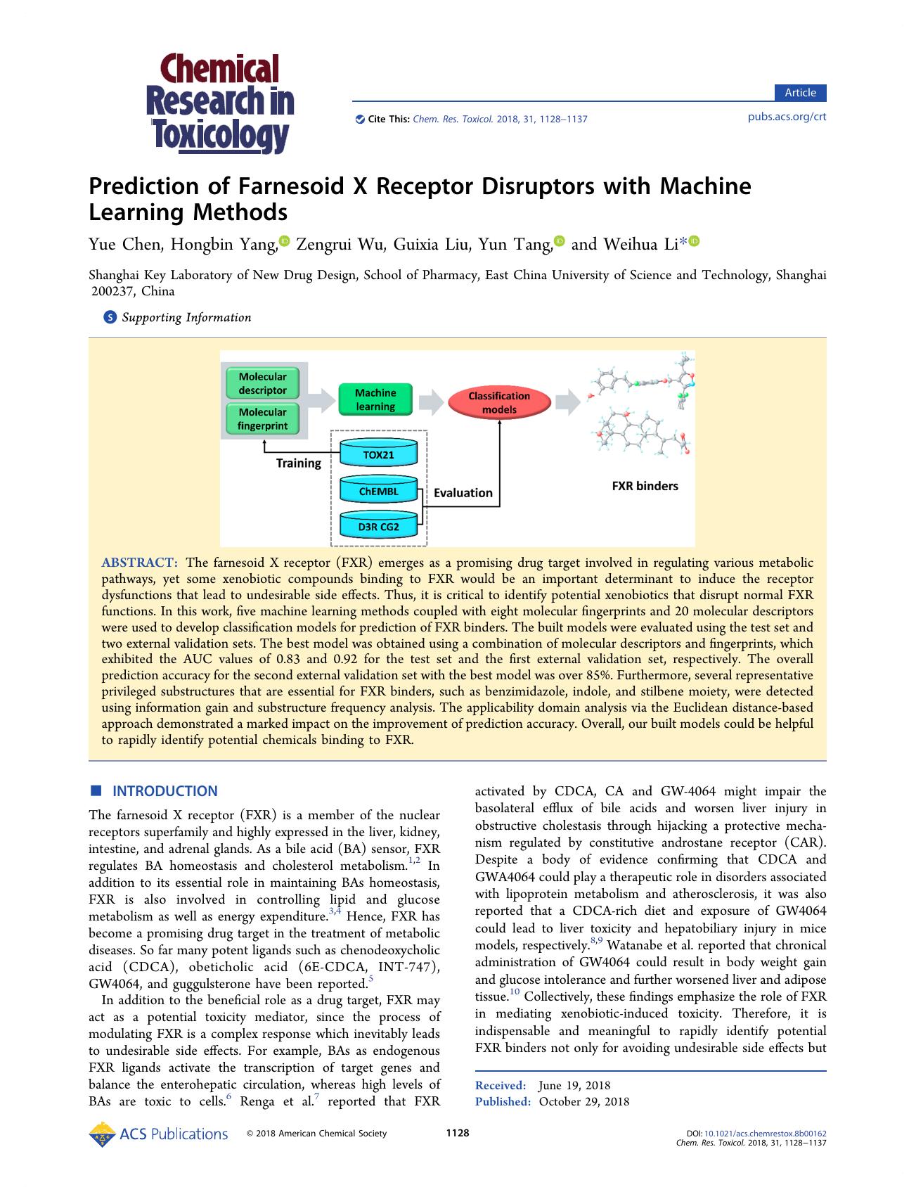 Prediction of Farnesoid X Receptor Disruptors with Machine Learning Methods by Yue Chen Hongbin Yang Zengrui Wu Guixia Liu Yun Tang and Weihua Li