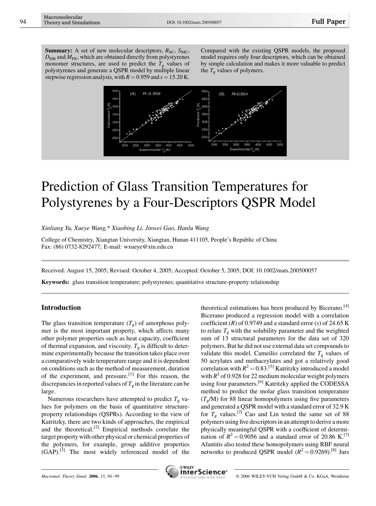 Prediction of Glass Transition Temperatures for Polystyrenes by a Four-Descriptors QSPR Model by Unknown