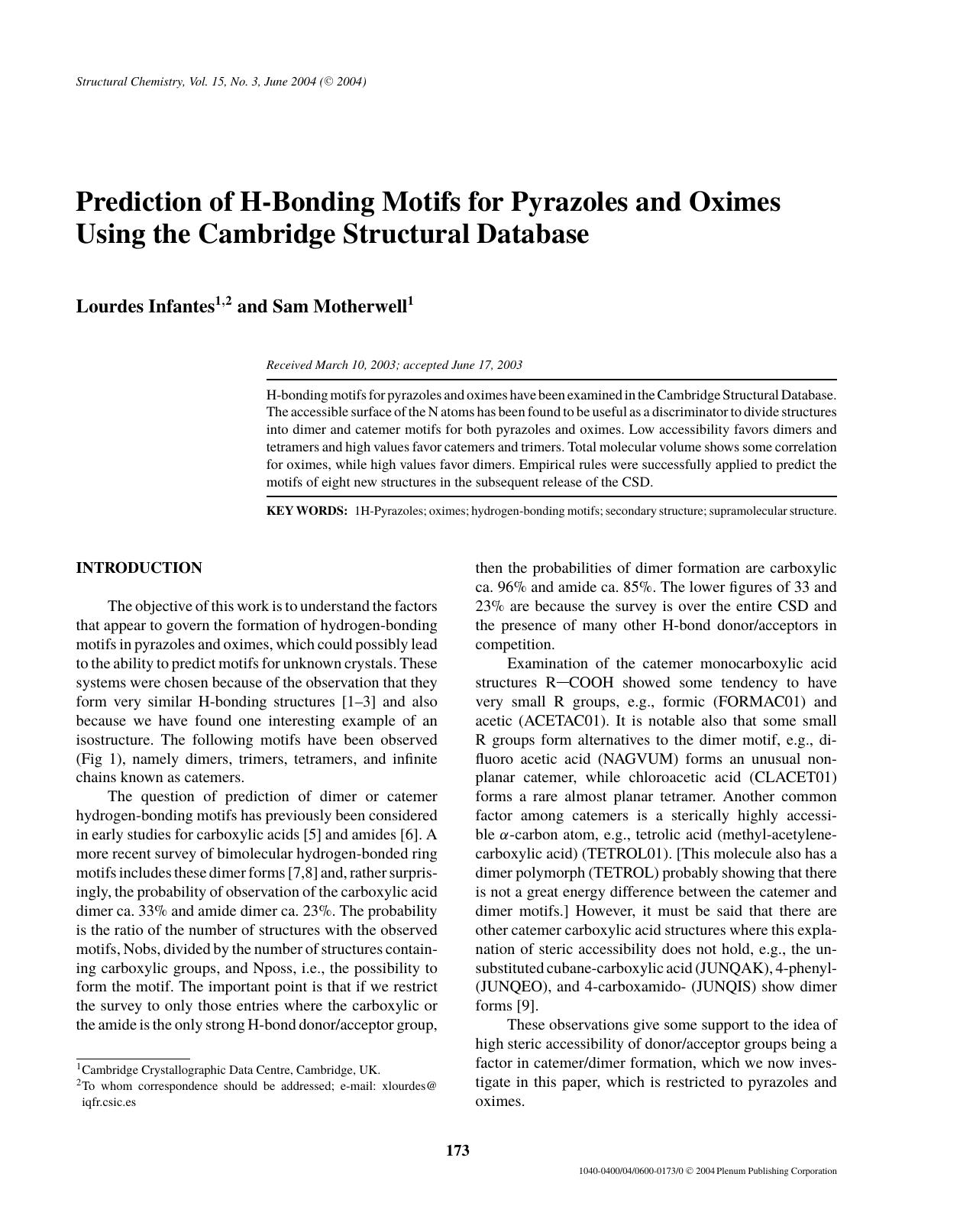 Prediction of H-Bonding Motifs for Pyrazoles and Oximes Using the Cambridge Structural Database by Unknown