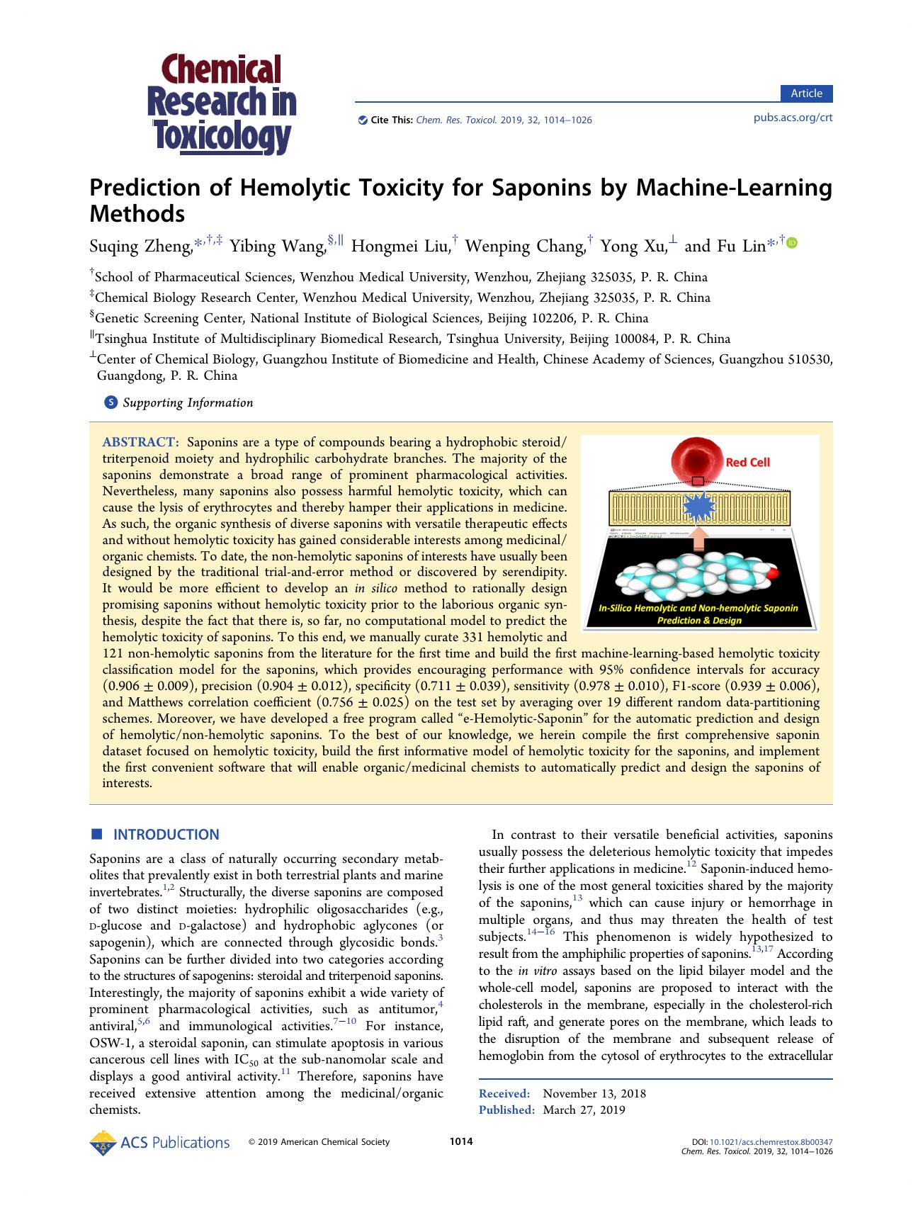 Prediction of Hemolytic Toxicity for Saponins by Machine-Learning Methods by Suqing Zheng Yibing Wang Hongmei Liu Wenping Chang Yong Xu and Fu Lin