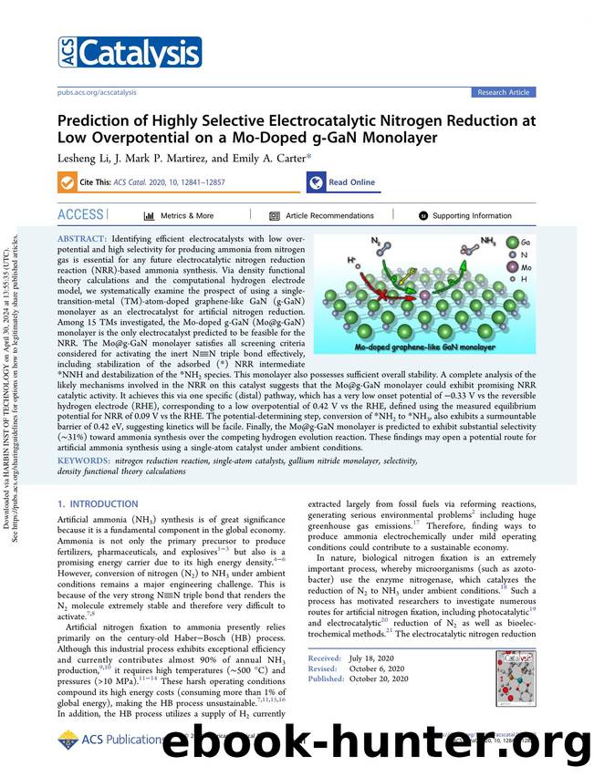 Prediction of Highly Selective Electrocatalytic Nitrogen Reduction at Low Overpotential on a Mo-Doped g-GaN Monolayer by Lesheng Li J. Mark P. Martirez & Emily A. Carter