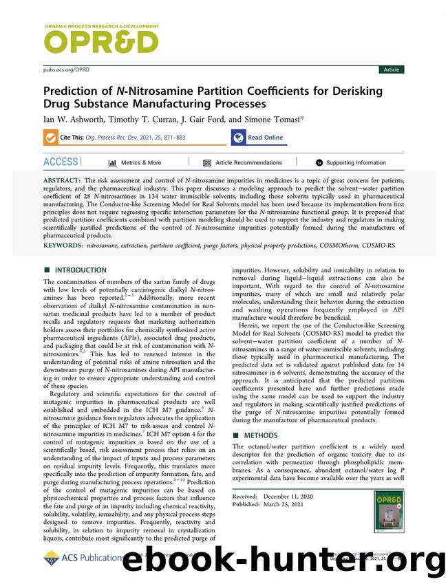Prediction of N-Nitrosamine Partition Coefficients for Derisking Drug Substance Manufacturing Processes by Ian W. Ashworth Timothy T. Curran J. Gair Ford and Simone Tomasi