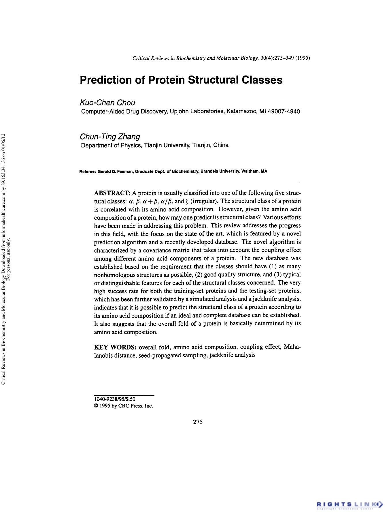 Prediction of Protein Structural Classes by Kuo-Chen Chou & Chun-Ting Zhang