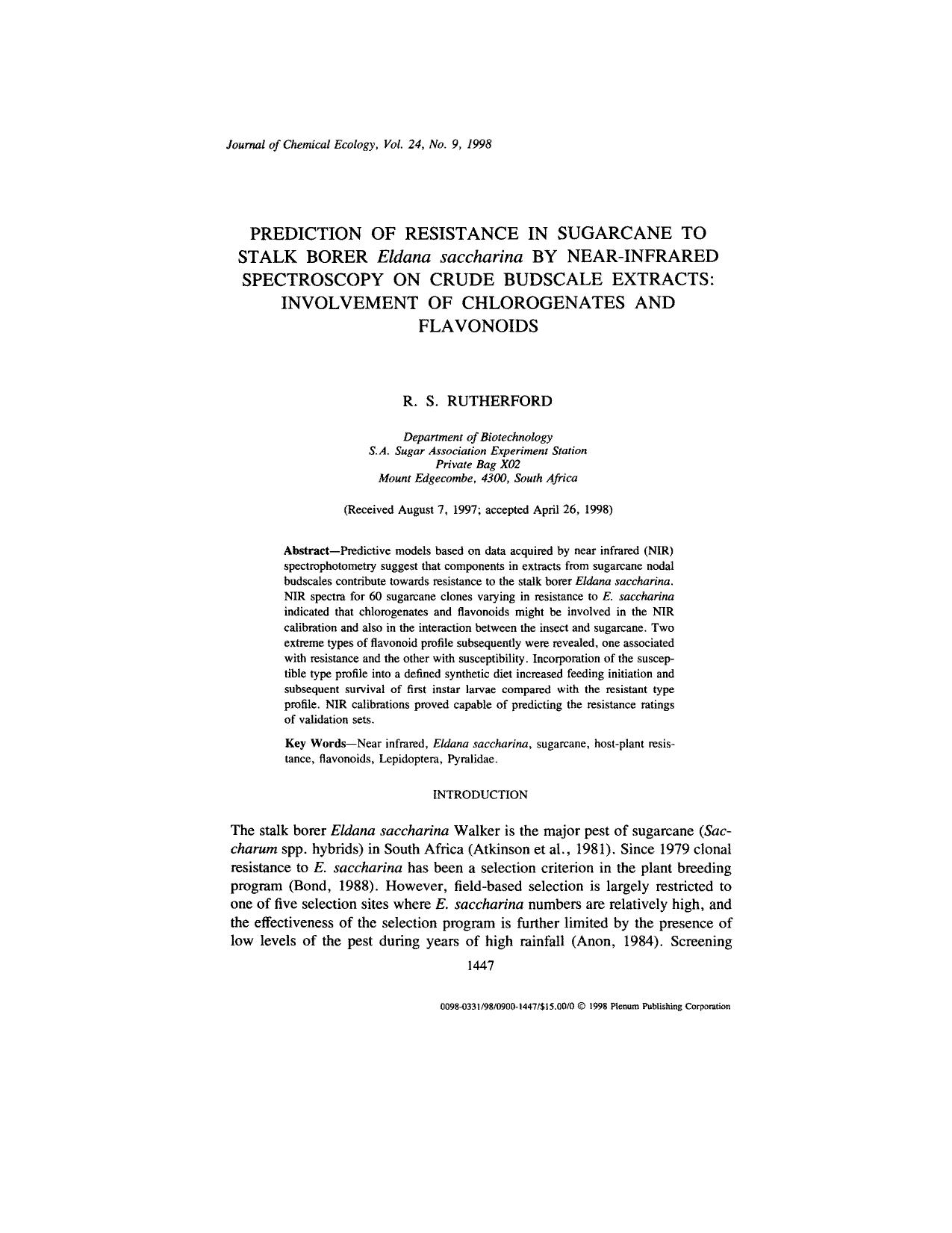 Prediction of Resistance in Sugarcane to Stalk Borer <Emphasis Type="Italic">Eldana saccharina<Emphasis> by Near-Infrared Spectroscopy on Crude Budscale Extracts: Involvement of Ch by Unknown