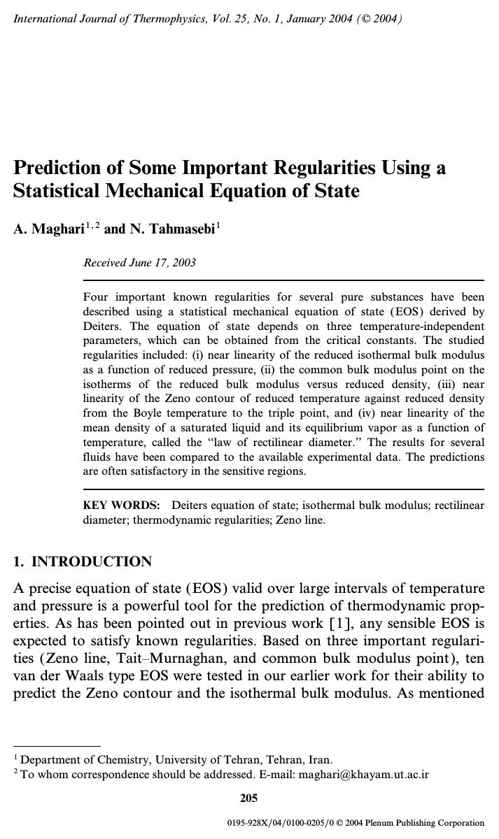 Prediction of Some Important Regularities Using a Statistical Mechanical Equation of State by Unknown