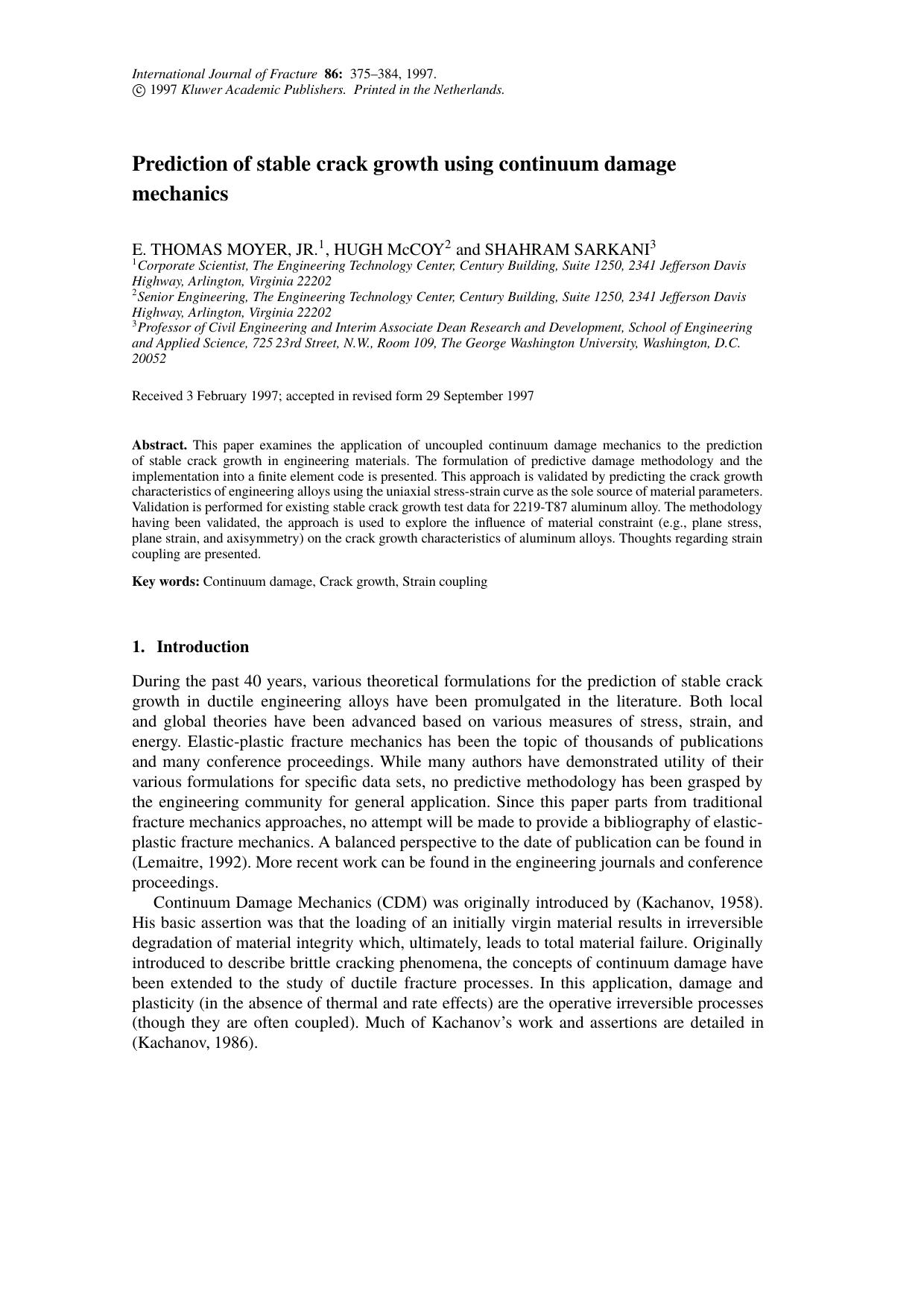 Prediction of Stable Crack Growth Using Continuum Damage Mechanics by Unknown
