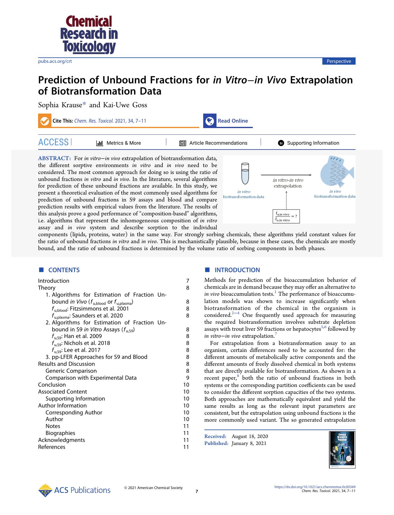 Prediction of Unbound Fractions for in Vitroâin Vivo Extrapolation of Biotransformation Data by Sophia Krause and Kai-Uwe Goss
