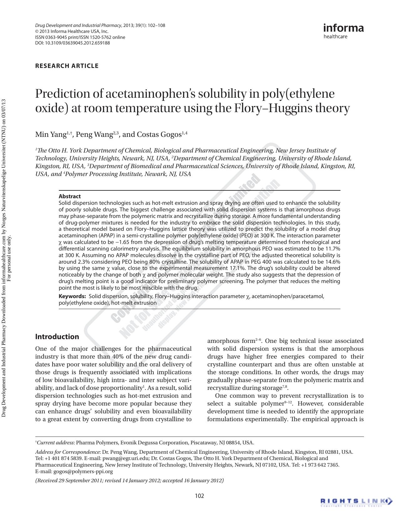 Prediction of acetaminophenâs solubility in poly(ethylene oxide) at room temperature using the FloryâHuggins theory by Min Yang Peng Wang & Costas Gogos