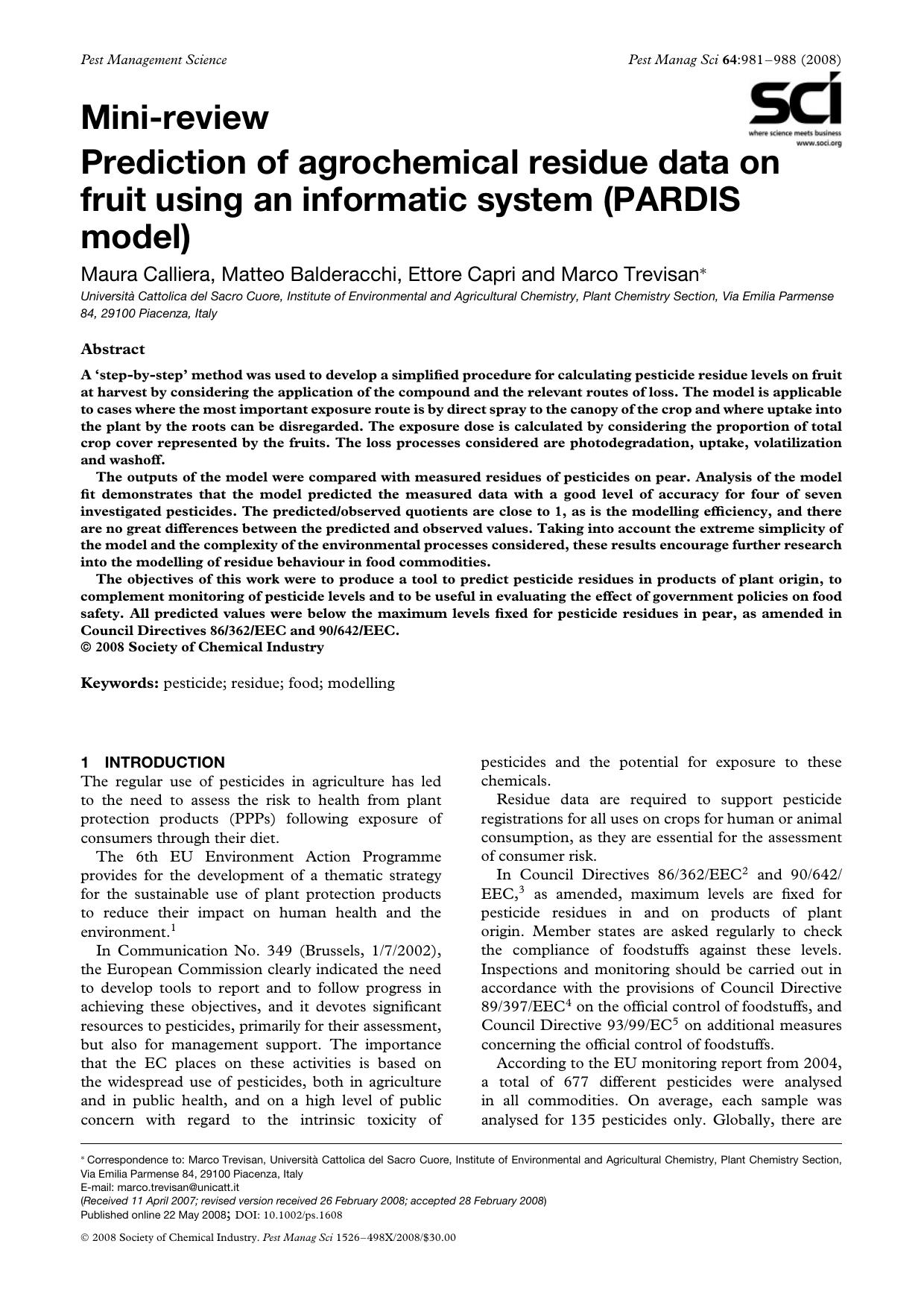 Prediction of agrochemical residue data on fruit using an informatic system (PARDIS model) by Unknown