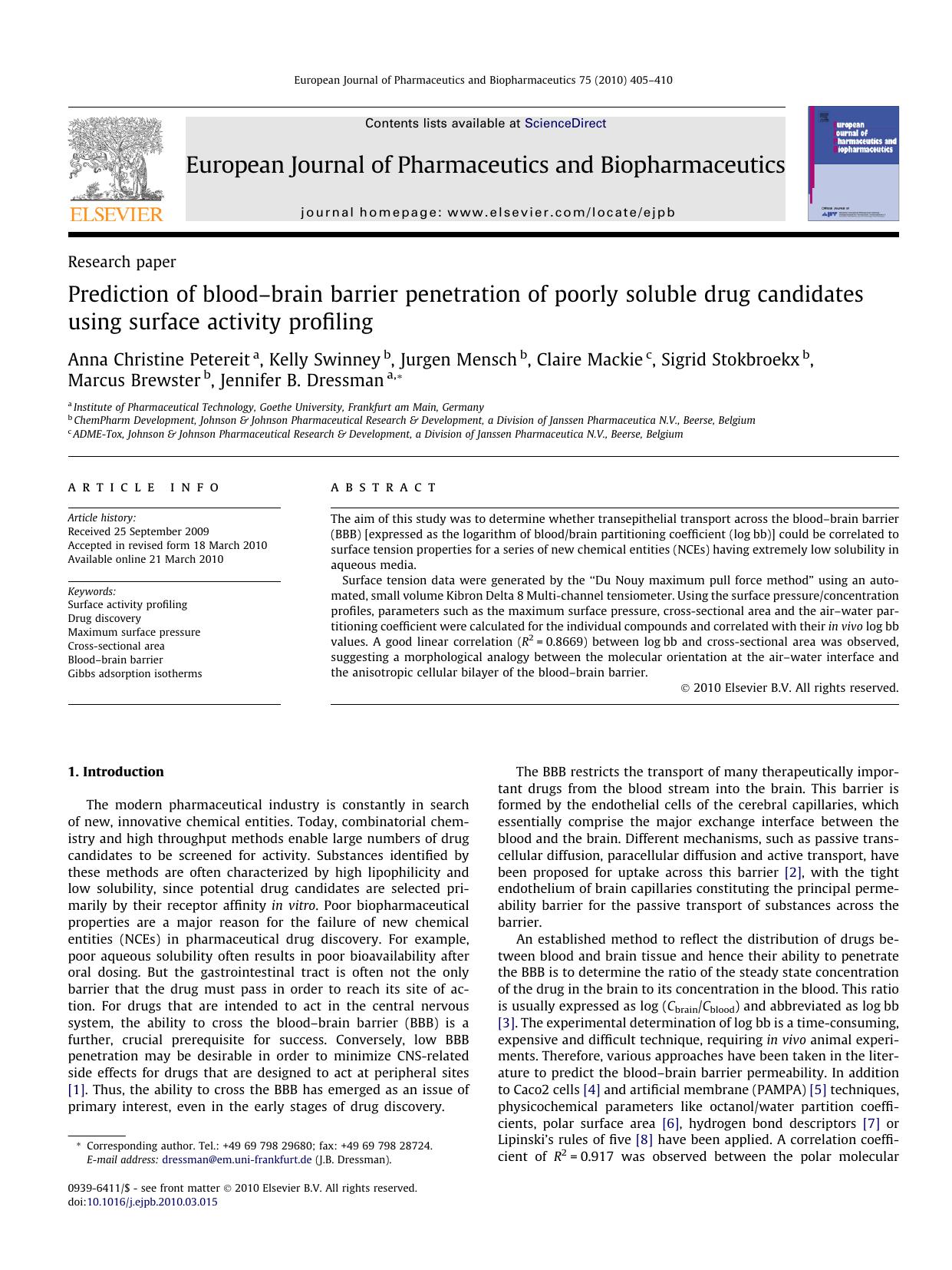 Prediction of bloodÃ¢â¬âbrain barrier penetration of poorly soluble drug candidates using surface activity profiling by unknow