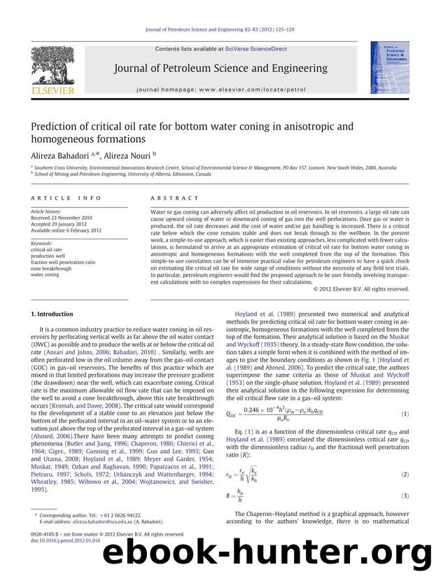 Prediction of critical oil rate for bottom water coning in anisotropic and homogeneous formations by Alireza Bahadori & Alireza Nouri