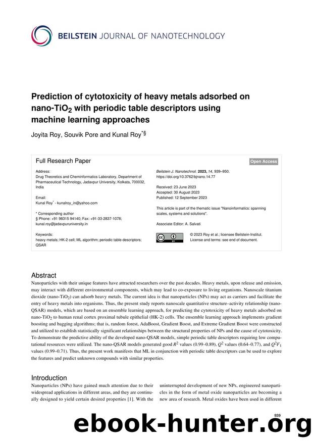 Prediction of cytotoxicity of heavy metals adsorbed on nano-TiO2 with periodic table descriptors using machine learning approaches by Joyita Roy Souvik Pore Kunal Roy