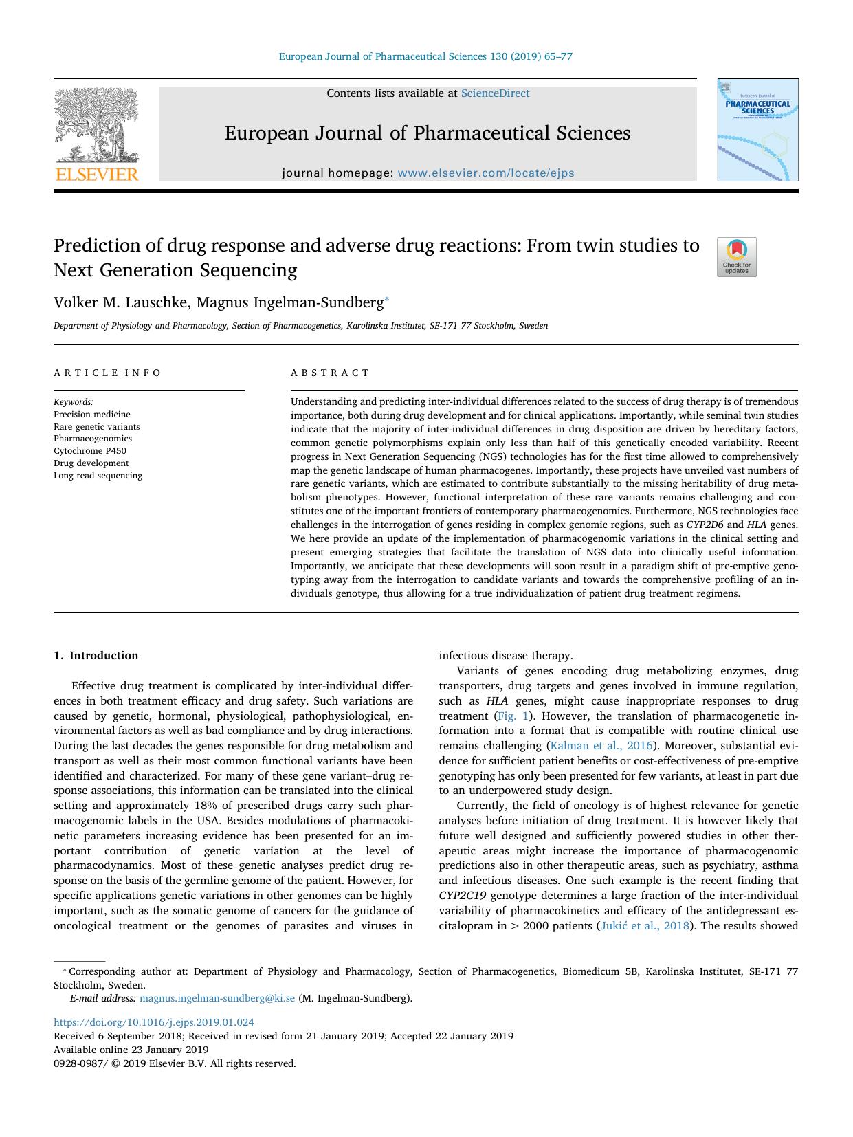 Prediction of drug response and adverse drug reactions_ From twin studies to Next Generation Sequencing by Volker M. Lauschke & Magnus Ingelman-Sundberg