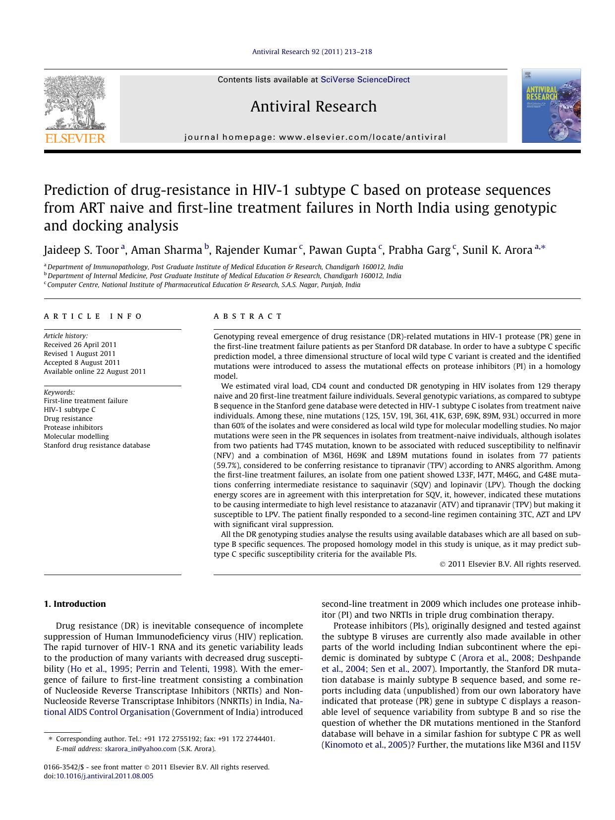 Prediction of drug-resistance in HIV-1 subtype C based on protease sequences from ART naive and first-line treatment failures in North India using genotypic and docking analysis by Jaideep S. Toor & Aman Sharma & Rajender Kumar & Pawan Gupta & Prabha Garg & Sunil K. Arora