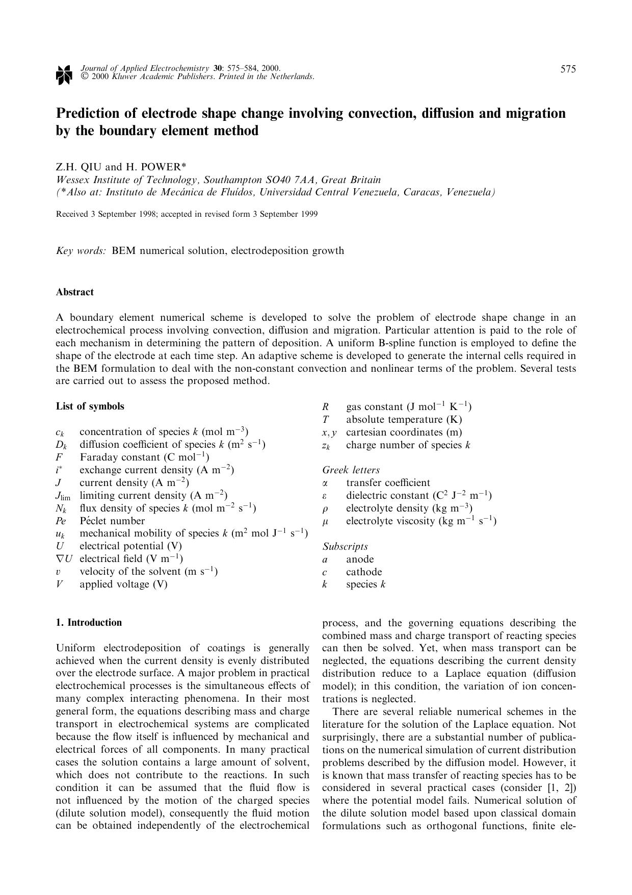 Prediction of electrode shape change involving convection, diffusion and migration by the boundary element method by Unknown
