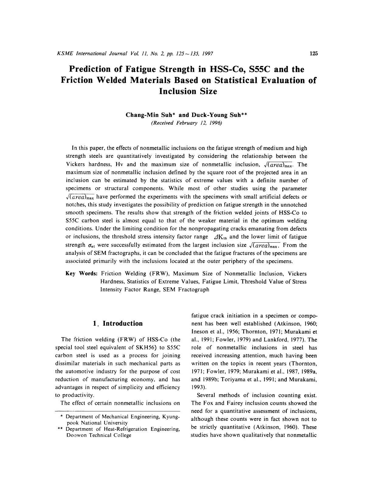 Prediction of fatigue strength in HSS-Co, S55C and the friction welded materials based on statistical evaluation of inclusion size by Unknown