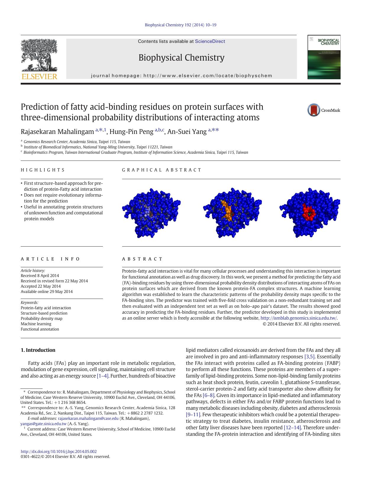 Prediction of fatty acid-binding residues on protein surfaces with three-dimensional probability distributions of interacting atoms by Rajasekaran Mahalingam & Hung-Pin Peng & An-Suei Yang