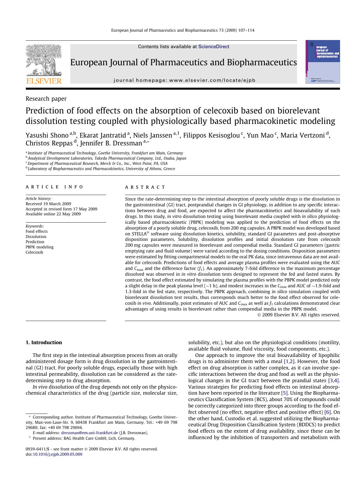 Prediction of food effects on the absorption of celecoxib based on biorelevant dissolution testing coupled with physiologically based pharmacokinetic modeling by unknow