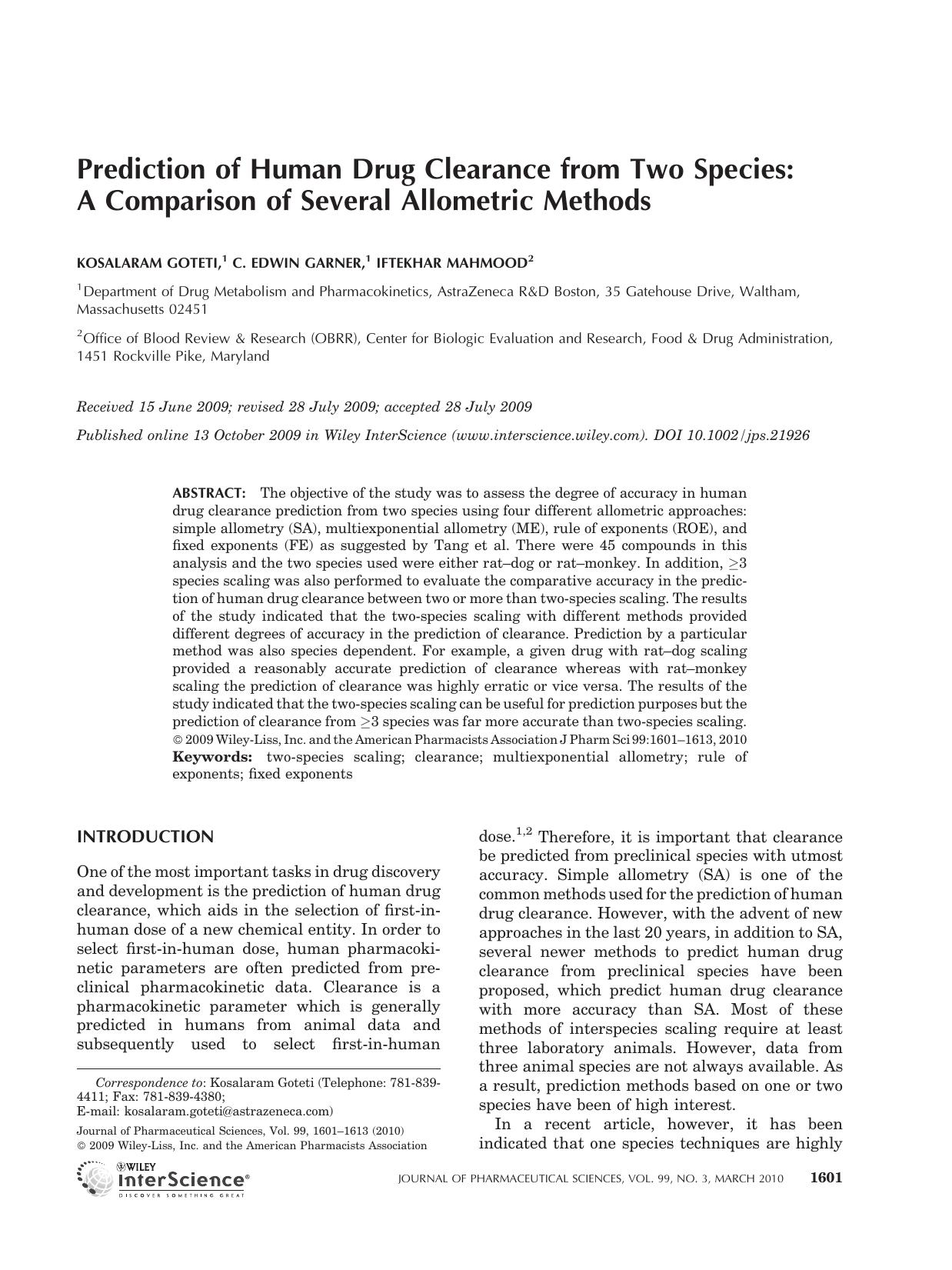 Prediction of human drug clearance from two species: A comparison of several allometric methods by Unknown