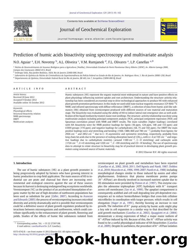 Prediction of humic acids bioactivity using spectroscopy and multivariate analysis by N.O. Aguiar & E.H. Novotny & A.L. Oliveira & V.M. Rumjanek & F.L. Olivares & L.P. Canellas