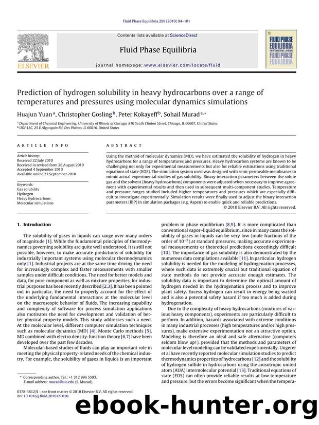Prediction of hydrogen solubility in heavy hydrocarbons over a range of temperatures and pressures using molecular dynamics simulations by Huajun Yuan