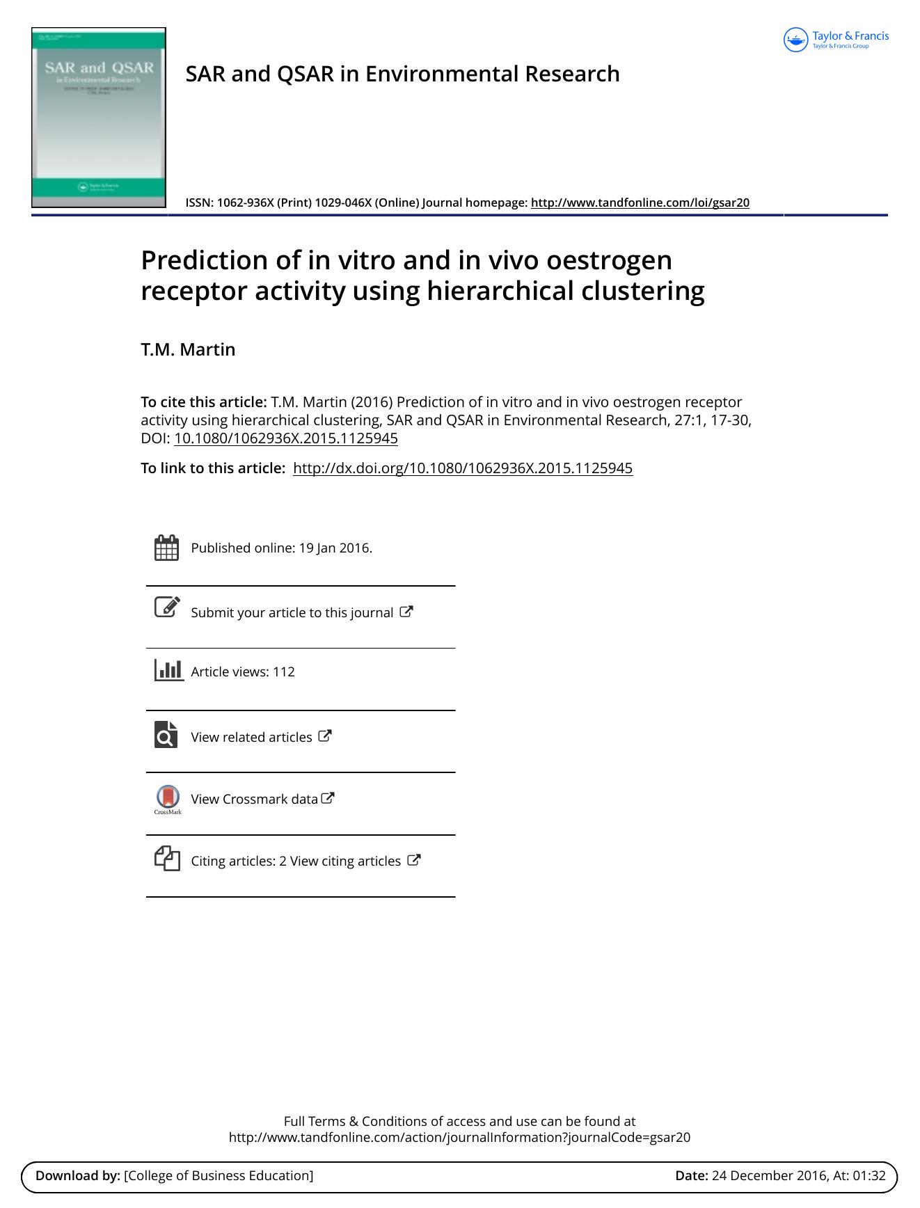 Prediction of in vitro and in vivo oestrogen receptor activity using hierarchical clustering by T.M. Martin