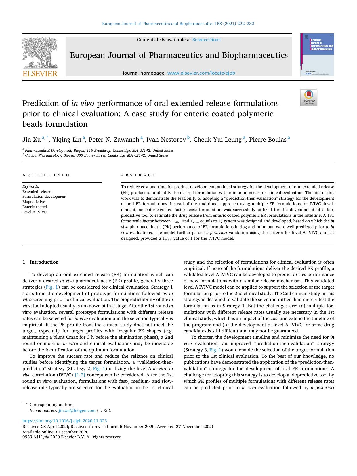 Prediction of in vivo performance of oral extended release formulations prior to clinical evaluation: A case study for enteric coated polymeric beads formulation by Jin Xu & Yiqing Lin & Peter N. Zawaneh & Ivan Nestorov & Cheuk-Yui Leung & Pierre Boulas