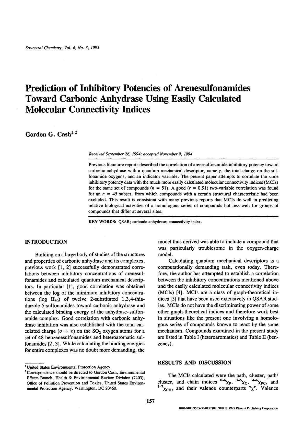 Prediction of inhibitory potencies of arenesulfonamides toward carbonic anhydrase using easily calculated molecular connectivity indices by Unknown