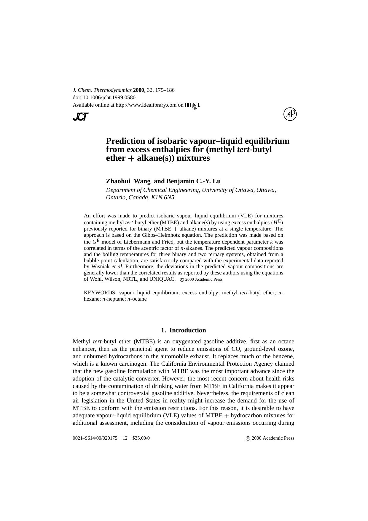 Prediction of isobaric vapour--liquid equilibrium from excess enthalpies for (methyl tert-butyl ether + alkane(s)) mixtures by Z. Wang & B. C.-Y. Lu