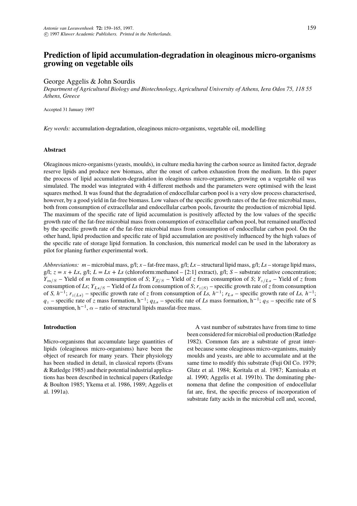 Prediction of lipid accumulation-degradation in oleaginous micro-organisms growing on vegetable oils by Unknown