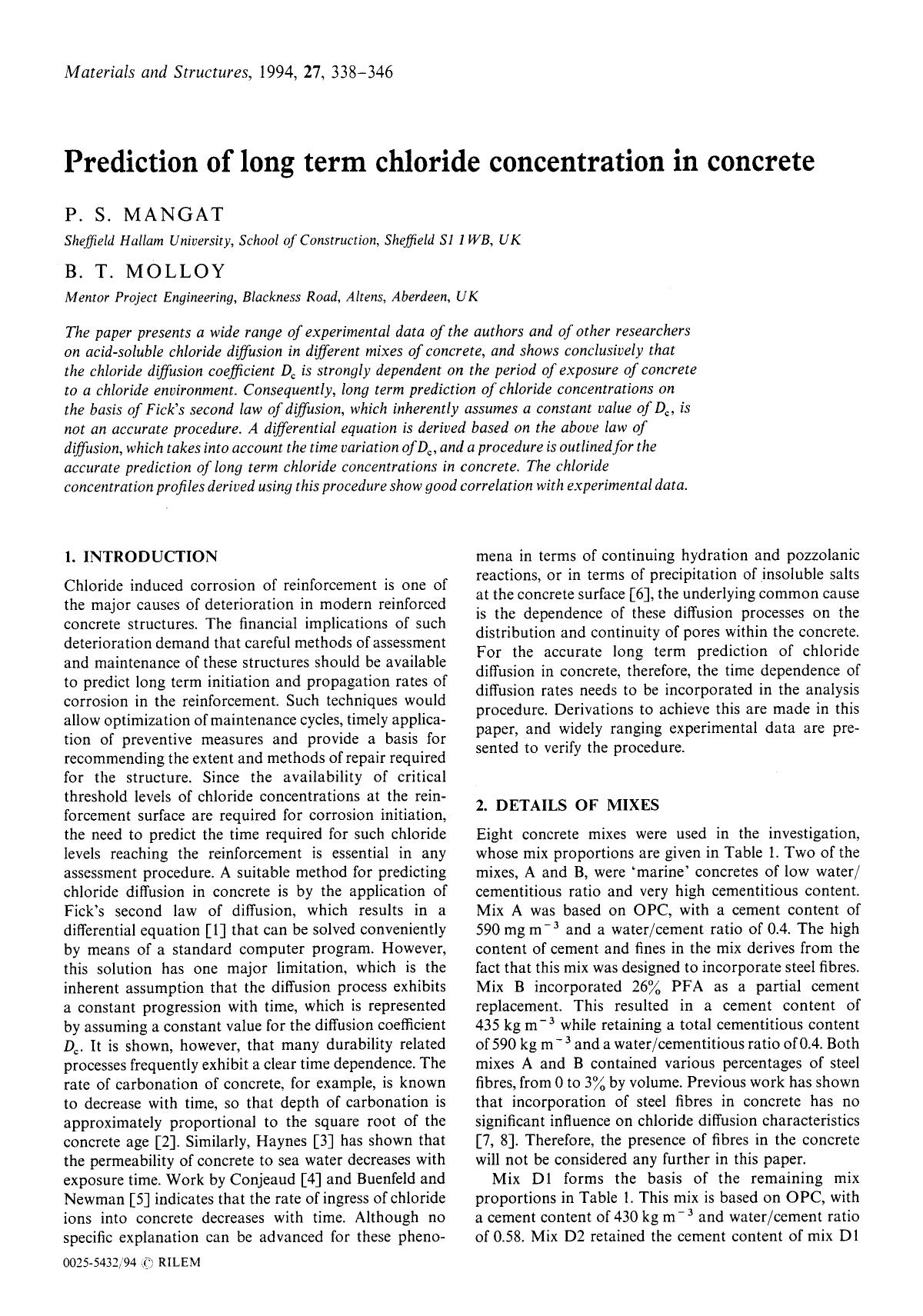 Prediction of long term chloride concentration in concrete by Unknown