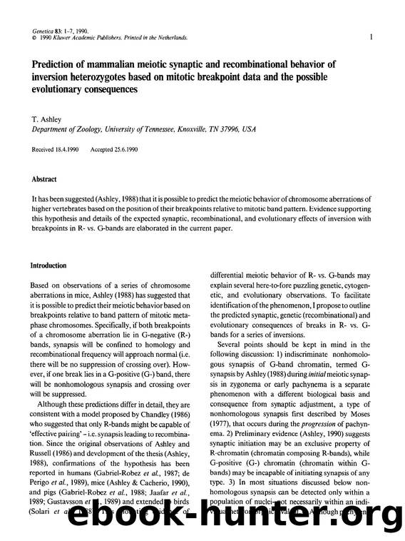 Prediction of mammalian meiotic synaptic and recombinational behavior of inversion heterozygotes based on mitotic breakpoint data and the possible evolutionary consequences by Unknown
