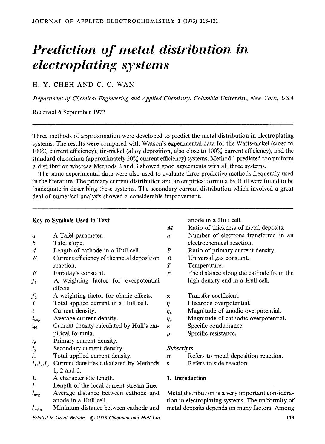 Prediction of metal distribution in electroplating systems by Unknown