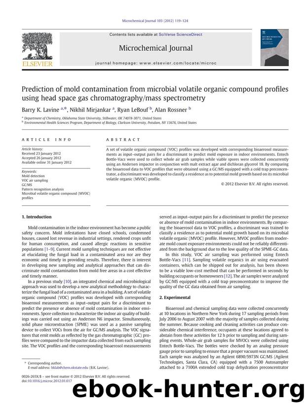 Prediction of mold contamination from microbial volatile organic compound profiles using head space gas chromatographymass spectrometry by Barry K. Lavine & Nikhil Mirjankar & Ryan LeBouf & Alan Rossner