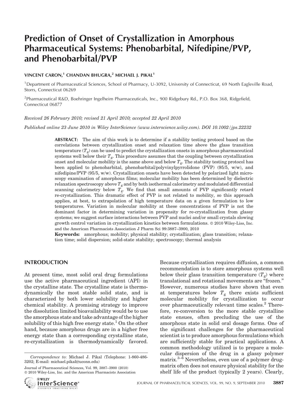 Prediction of onset of crystallization in amorphous pharmaceutical systems: Phenobarbital, nifedipinePVP, and phenobarbitalPVP by Unknown