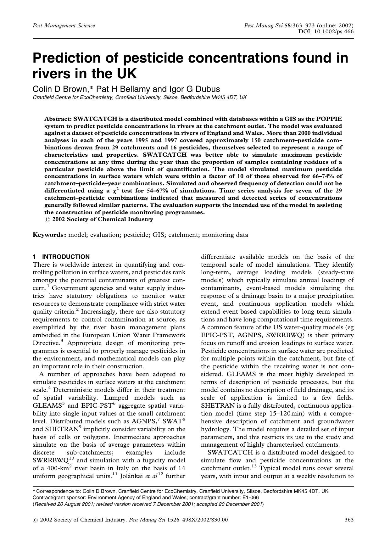 Prediction of pesticide concentrations found in rivers in the UK by Unknown