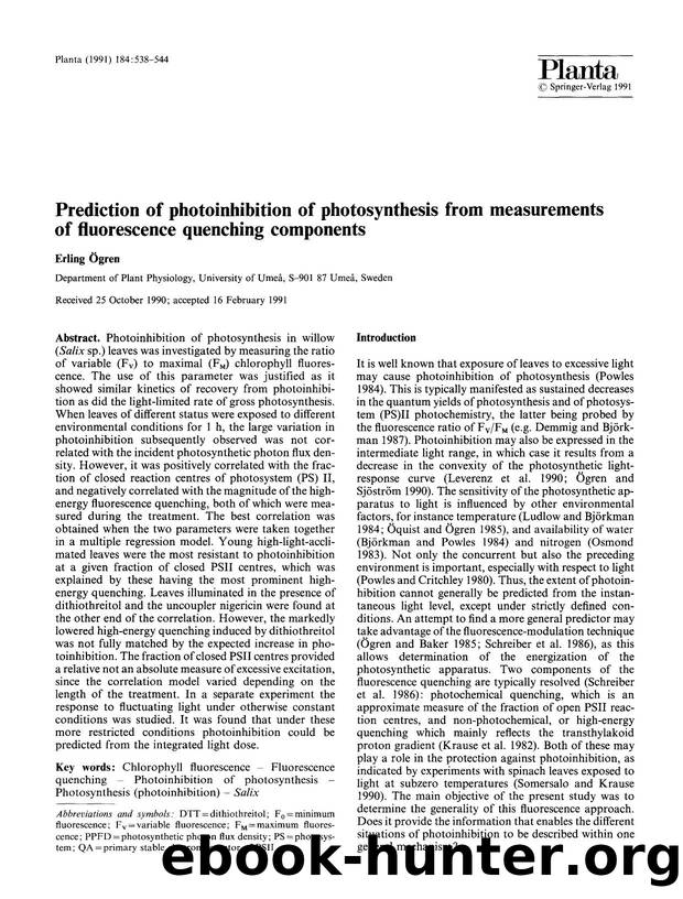 Prediction of photoinhibition of photosynthesis from measurements of fluorescence quenching components by Unknown