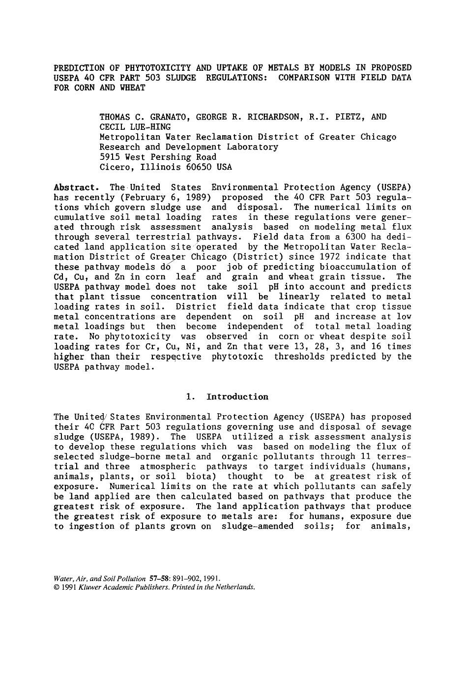 Prediction of phytotoxicity and uptake of metals by models in proposed USEPA 40 CFR part 503 sludge regulations: Comparison with field data for corn and wheat by Unknown