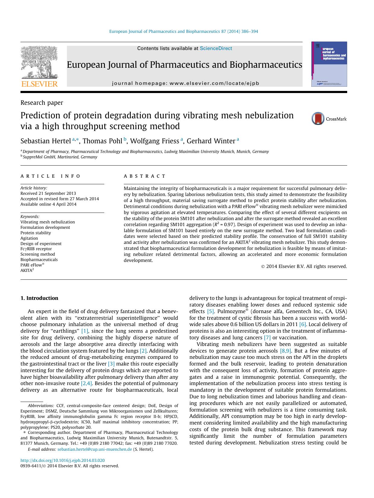 Prediction of protein degradation during vibrating mesh nebulization via a high throughput screening method by Sebastian Hertel & Thomas Pohl & Wolfgang Friess & Gerhard Winter