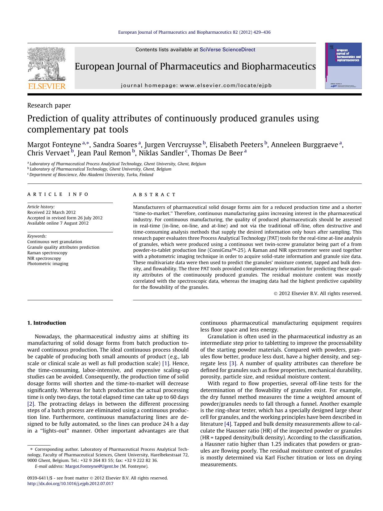 Prediction of quality attributes of continuously produced granules using complementary pat tools by unknow