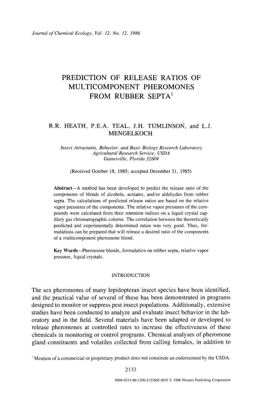 Prediction of release ratios of multicomponent pheromones from rubber septa by Unknown
