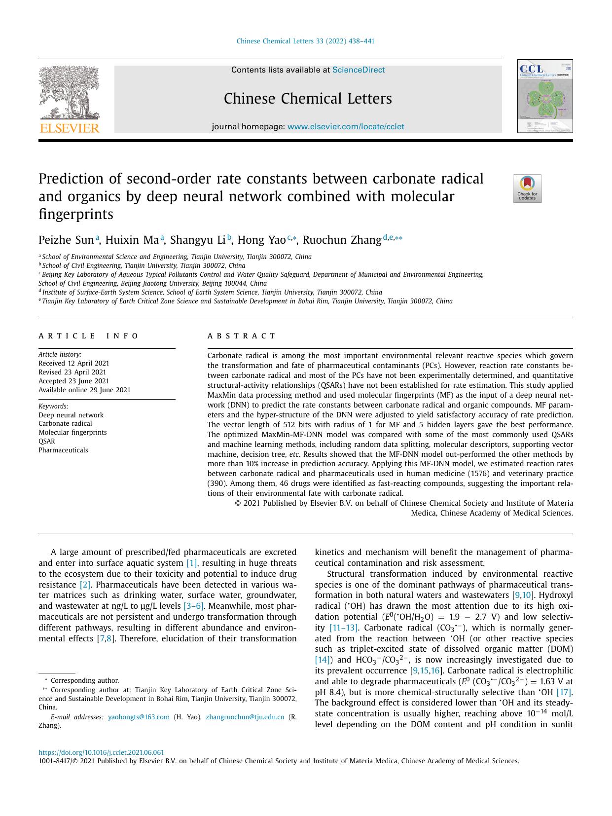 Prediction of second-order rate constants between carbonate radical and organics by deep neural network combined with molecular fingerprints by Peizhe Sun & Huixin Ma & Shangyu Li & Hong Yao & Ruochun Zhang