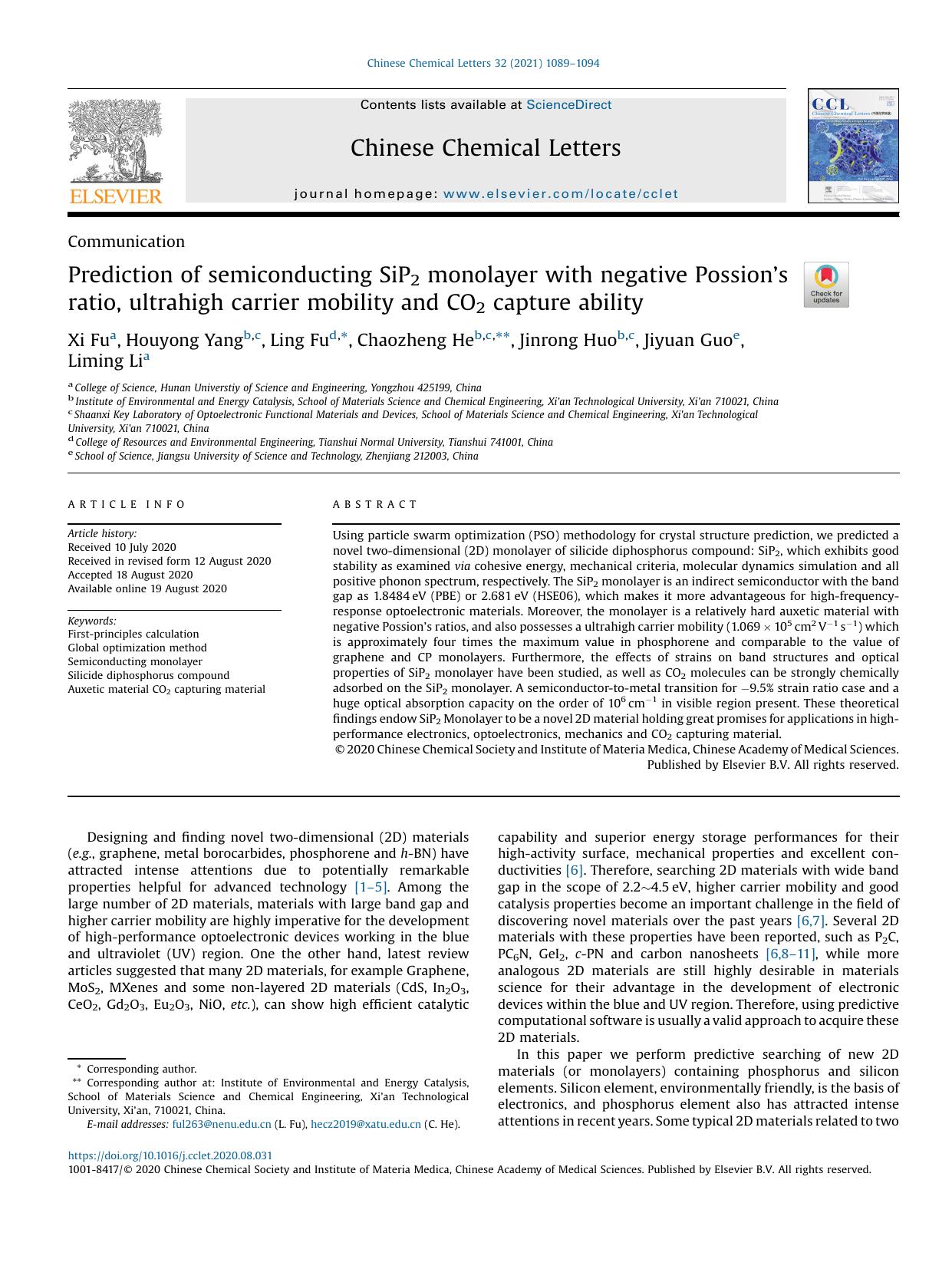 Prediction of semiconducting SiP2 monolayer with negative Possions ratio, ultrahigh carrier mobility and CO2 capture ability by Xi Fu & Houyong Yang & Ling Fu & Chaozheng He & Jinrong Huo & Jiyuan Guo & Liming Li
