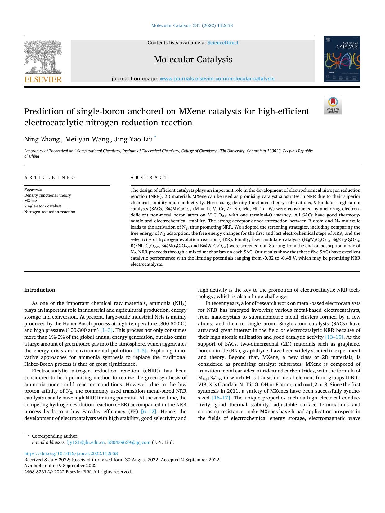 Prediction of single-boron anchored on MXene catalysts for high-efficient electrocatalytic nitrogen reduction reaction by Ning Zhang & Mei-yan Wang & Jing-Yao Liu