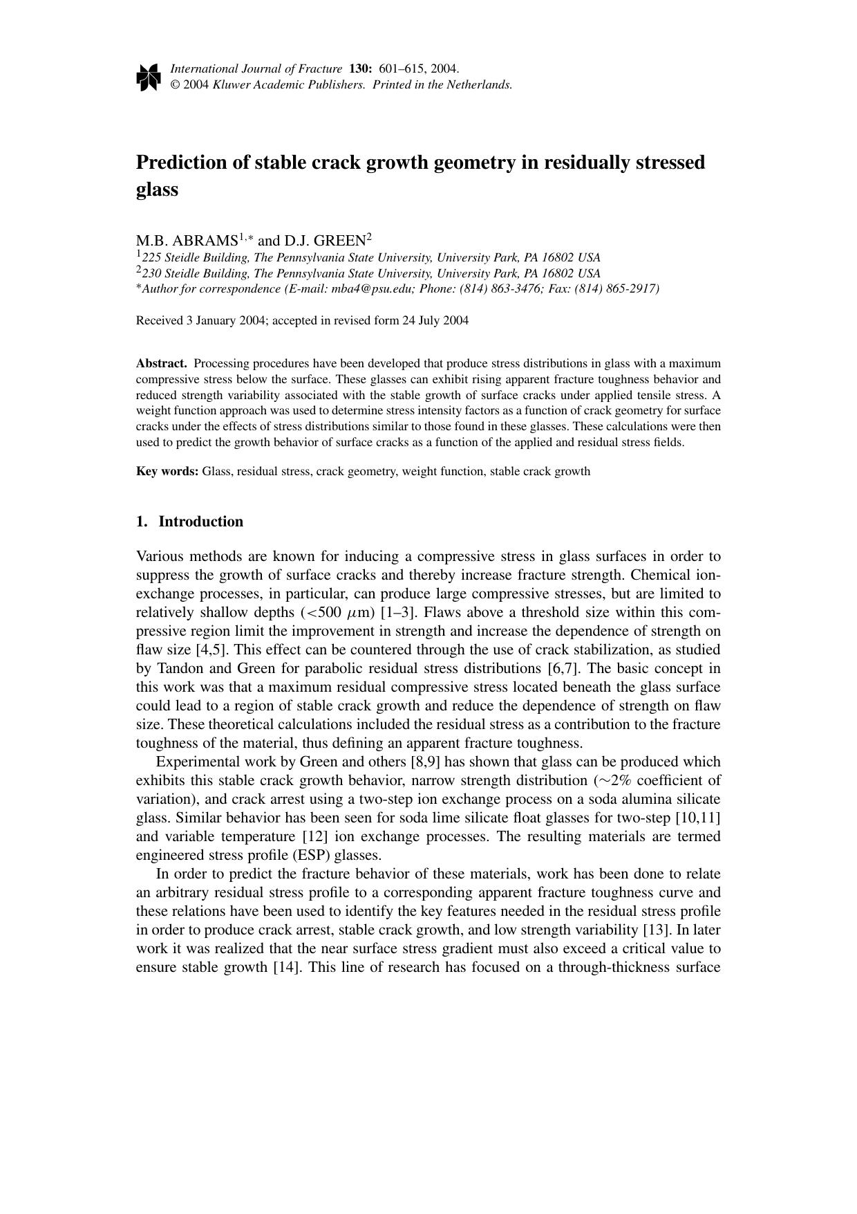 Prediction of stable crack growth geometry in residually stressed glass by Unknown