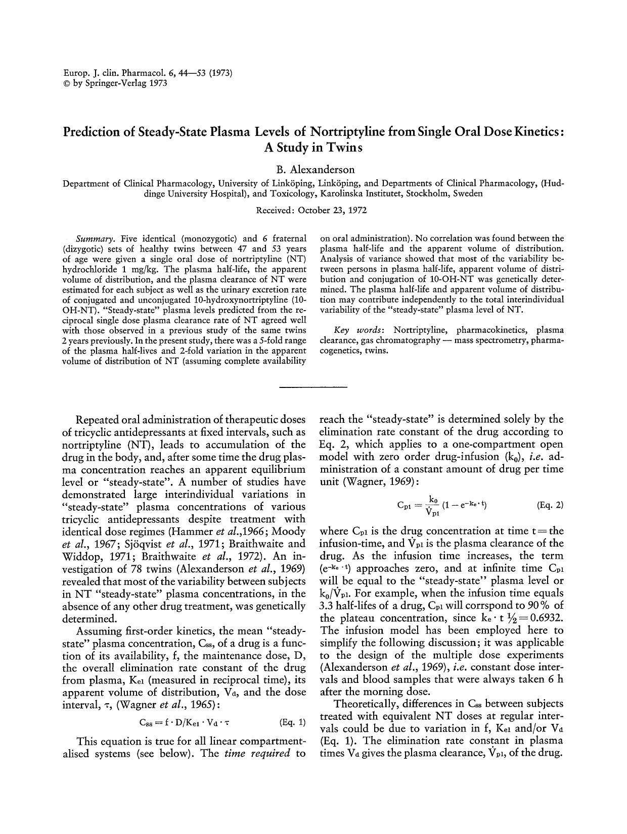 Prediction of steady-state plasma levels of nortriptyline from single oral dose kinetics: A study in twins by Unknown