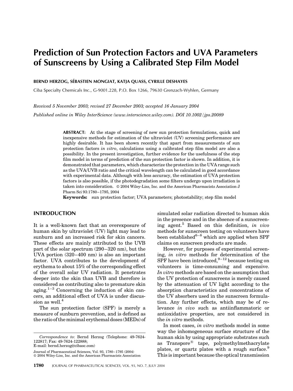 Prediction of sun protection factors and UVA parameters of sunscreens by using a calibrated step film model by Unknown
