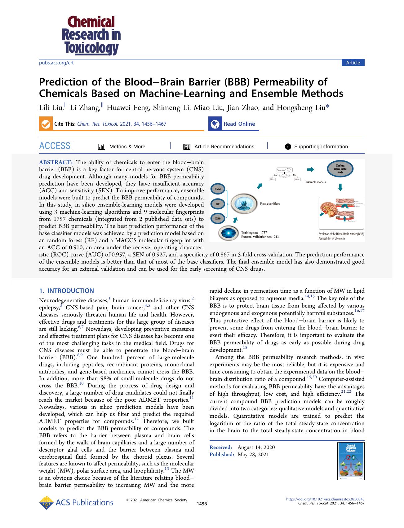 Prediction of the BloodâBrain Barrier (BBB) Permeability of Chemicals Based on Machine-Learning and Ensemble Methods by Lili Liu Li Zhang Huawei Feng Shimeng Li Miao Liu Jian Zhao and Hongsheng Liu